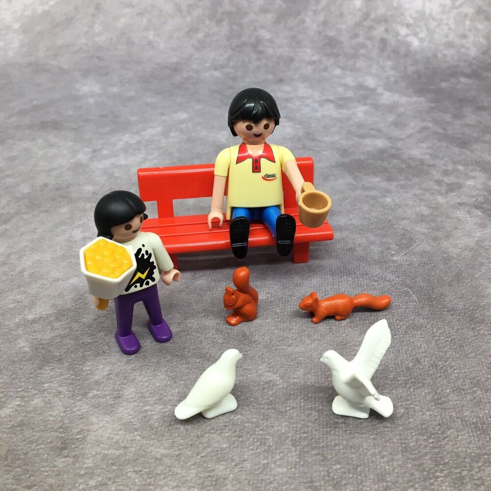 Playmobil Dad Figure & Child Feeding Birds & Squirrels on Park Bench